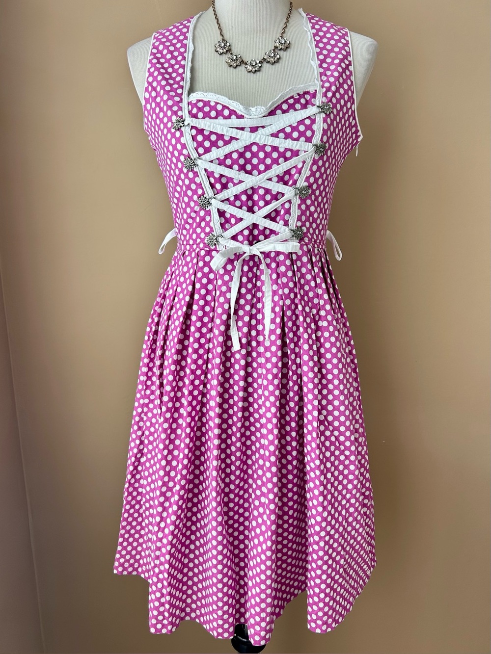 Green Polka Dot Dirndl Dress Bavarian Corset Lace-Up Oktoberfest Size 38